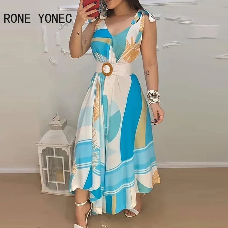 Women Elegant Dress Tropical Print V Neck Tie Up Maxi Dress With Belt Casual Summer Dress