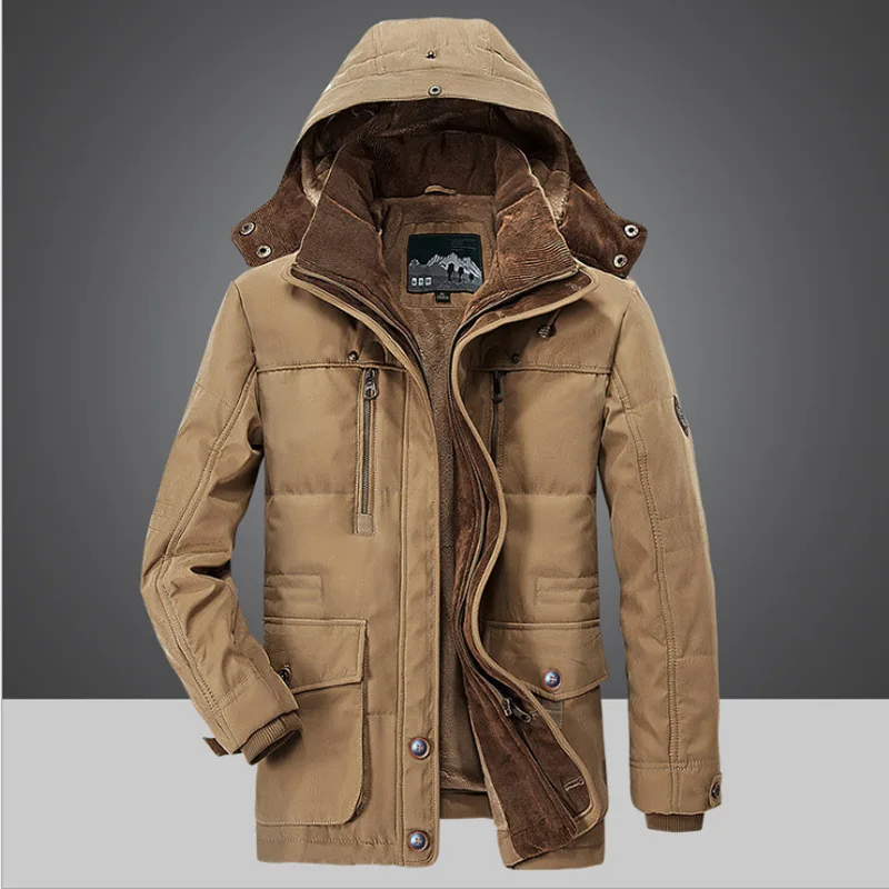 Parka de lana de longitud media para hombre, chaqueta de bolsillo gruesa y cálida de alta calidad para nieve al aire libre, chaqueta acolchada de algodón con capucha a prueba de frío, Invierno