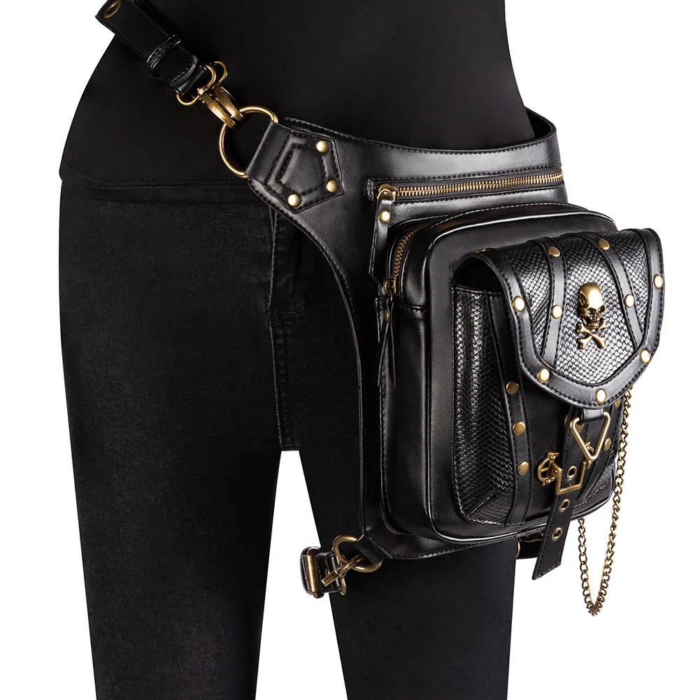 Steampunk Waist Leg Bags Female Chain Retro Biker Small Package Ladies Shoulder PU Leather Crossbody Rock Style Motorcycle Belt