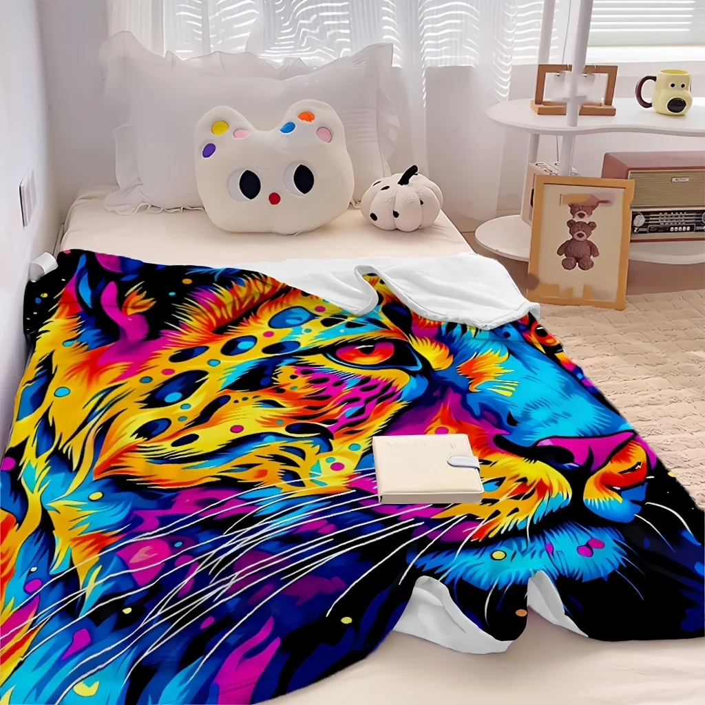 1pc Rainbow Pop Art Leopard Neon Wild Animal Portrait Print Flannel Blanket, Portable And Practical, Suitable for Blankets, Bed