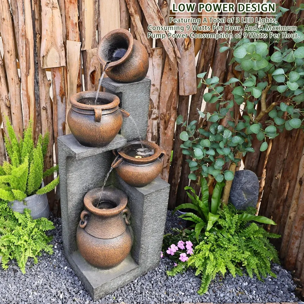 53''H Water Fountain Outdoor Garden Fountain Large- 4 Tiered Cascading Bowls and Outdoor Fountains and Waterfalls with Lights fo