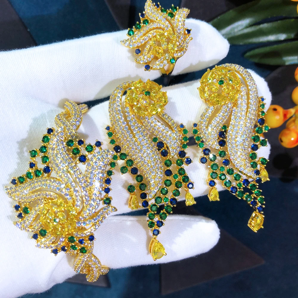 

GODKI Luxury Hollow Lace 5PCS Bracelet Ring Earring Set For Women Wedding Bridal Zircon African/Indian/Dubai Bridal Jewelry Set