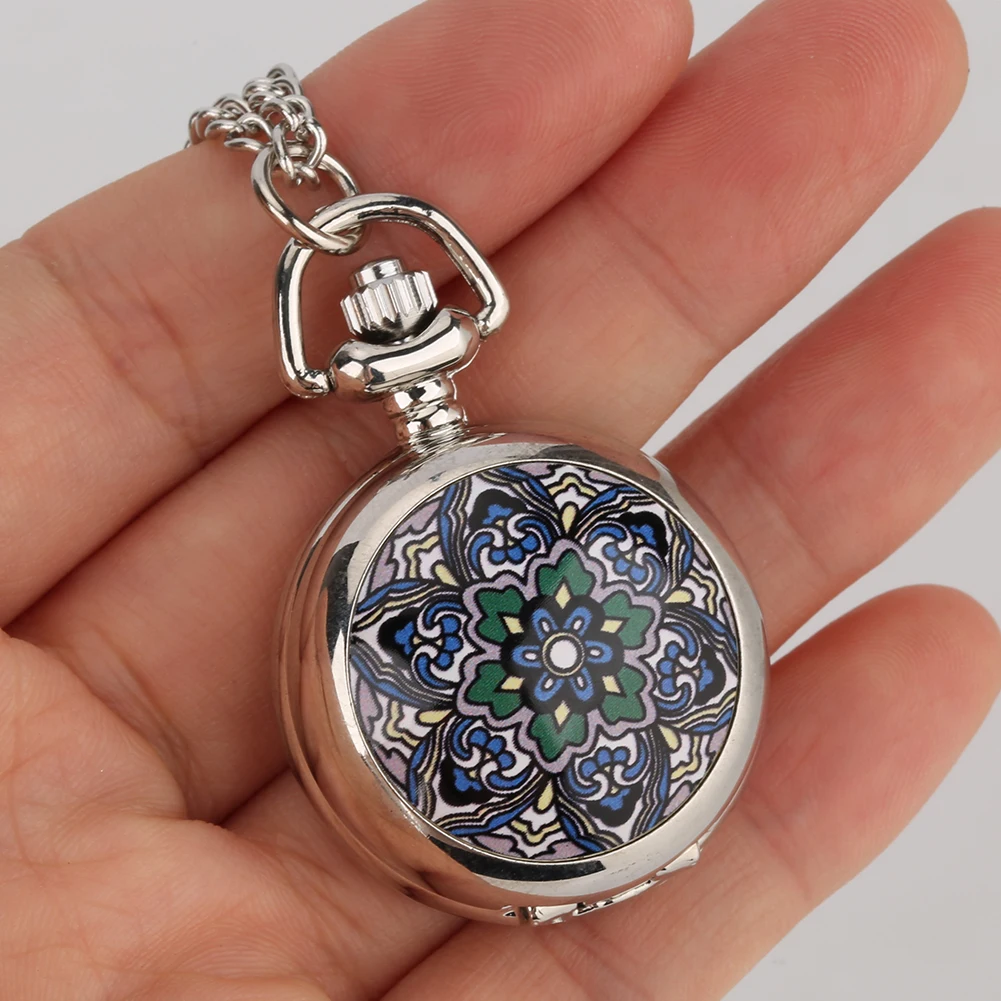 Tiny Cute Silver Pendant Quartz Necklace Watch Women Charm Flowers Pattern Display Chain Pocket Clock Gifts for Girls Kids