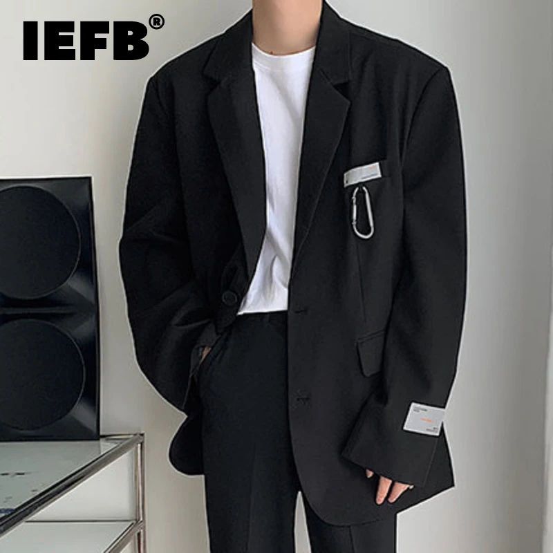 IEFB New Fashion Men\'s Suit Metal Buckle Design Single Breeasted Casual Solid Color Male Coats Autumn Trendy 2024 9C6745