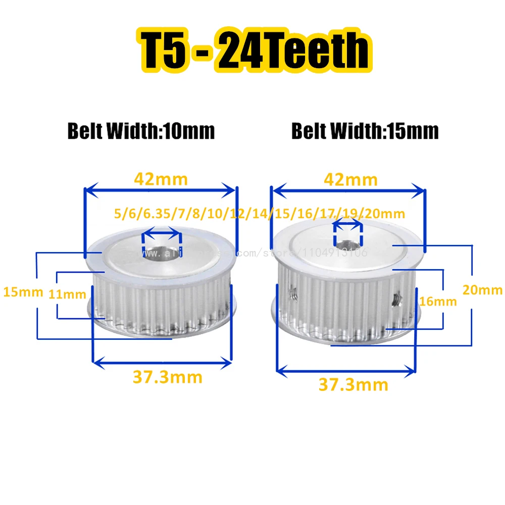 Pulley Wheel T5-24Teeth For T5 Timing Belt Width 10/15mm Teeth Pitch 5mm Alloy Pulley Bore5/6/6.35/7/8/10/12/14/15/16/17/19/20mm