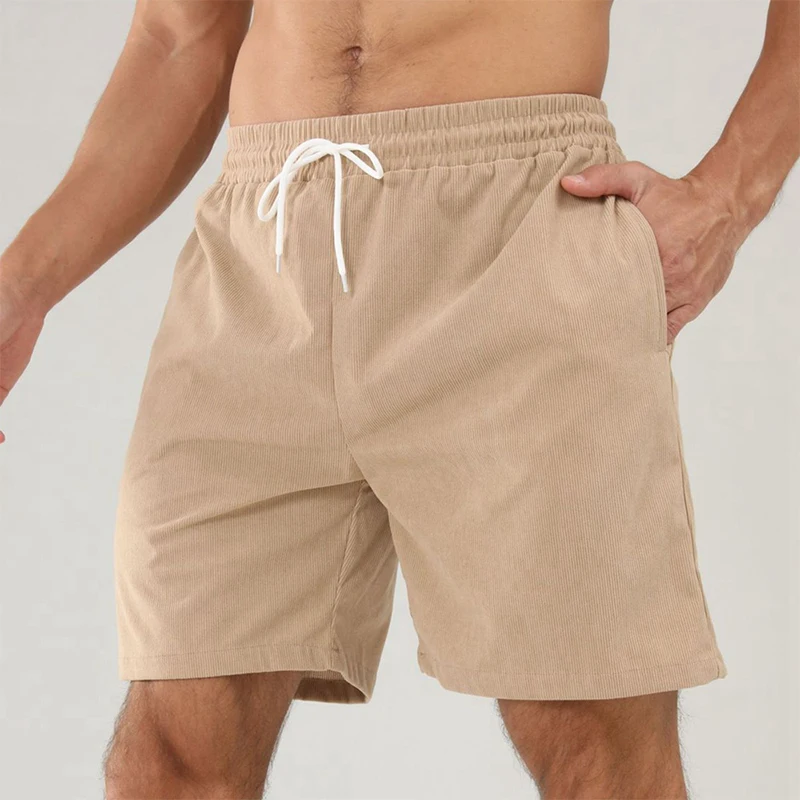 02Men's summer casual shorts featuring a solid color design with lace-up closure, sport running stripes, and straight-leg fit.