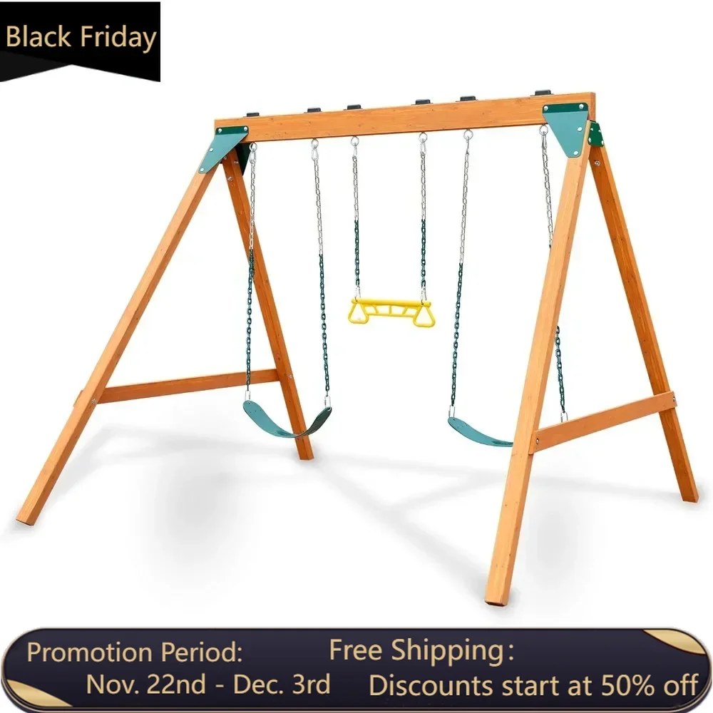 Wooden swing set, each swing can support up to 115 pounds, 92 inches deep x 104 inches wide x 82 inches high, free shipping