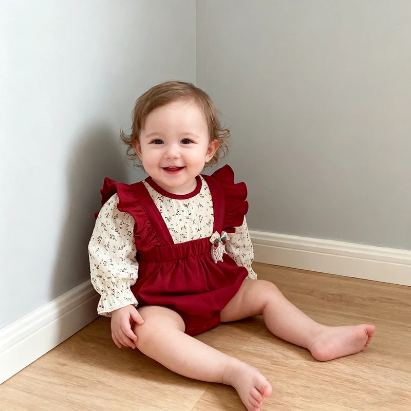 

Рождественский комбинезон для новорожденных девочек 0-3 лет, детский комбинезон, осеннее платье с бантом и круглым вырезом, цветочное платье, детский комбинезон, милое детское боди