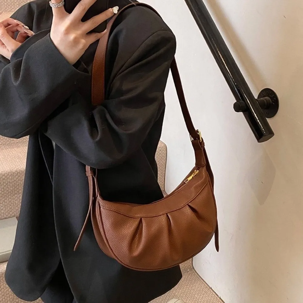 

Korean Style Pleated Crossbody Bag Soft Leather Lightweight PU Dumpling Bag Solid Color Handbag Underarm Shoulder Bag Women