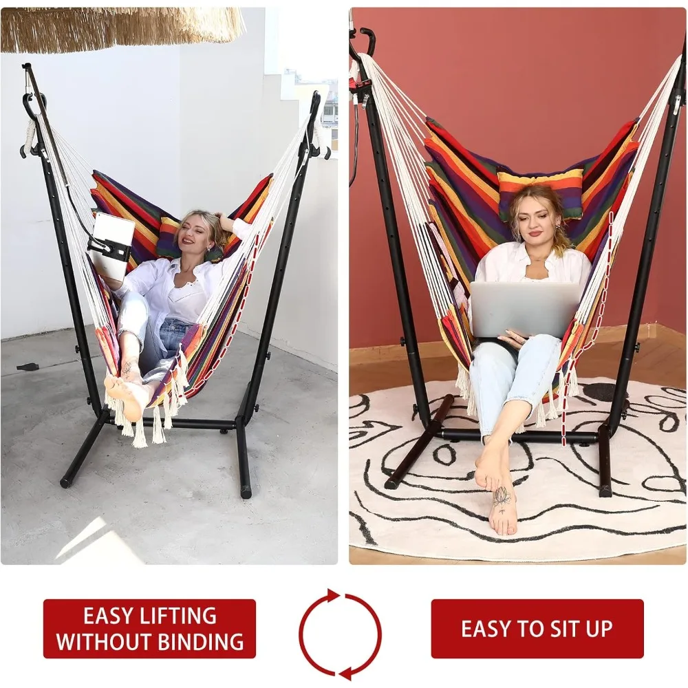 Hammock Chair with Stand Double Hammock Chair Bohemian Style with Tassel Mobile Phone Support Manual Adjustable Swing Indoor