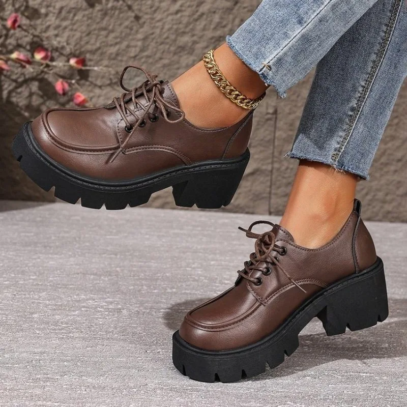 Large Size Thick-soled Loafers Women 2026 Spring New Style Chunky Heel Retro Lace-up Professional Leather Shoes