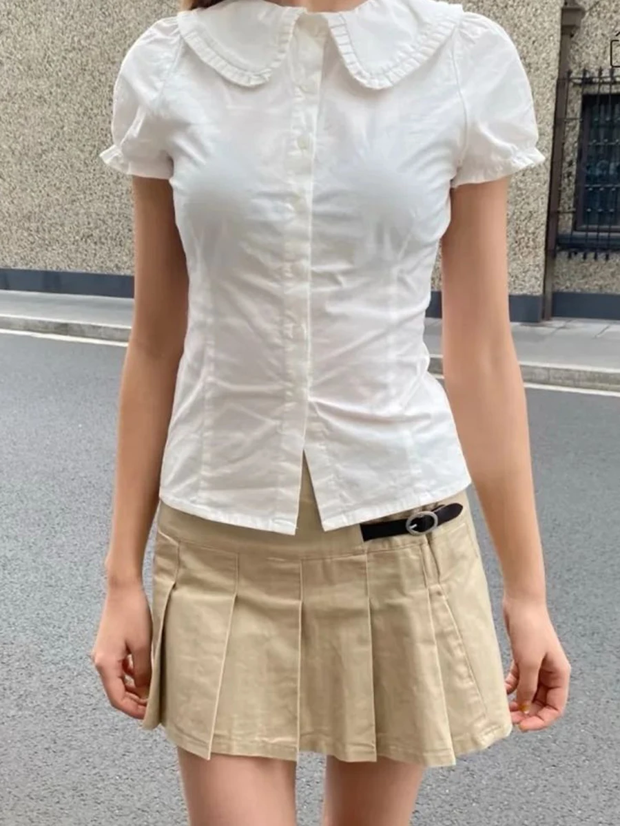 White Simple Slim T-Shirt Blouse Woman Summer Peter pan Collar Puff Sleeve Single Breasted Tees New Sweet Cute Cotton Tshirt Y2k