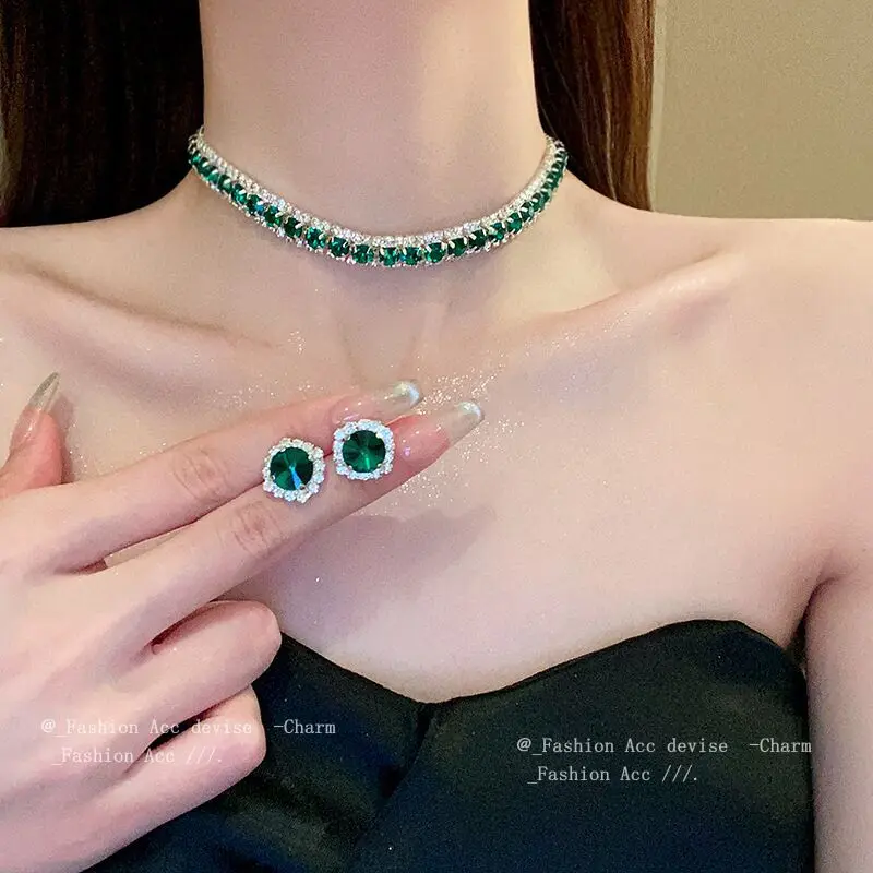 Fashion Trend  Design Elegant Delicate Light Luxury Green Zircon Necklace Women Jewelry Party Premium Stud Earrings Gift