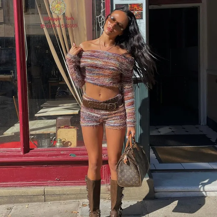 

DSMTRC Autumn Two Piece Shorts Suits for Women Holiday Long Sleeve Knitted Crop Top+Low Waist Shorts Tracksuits Y2K Chic Outfits