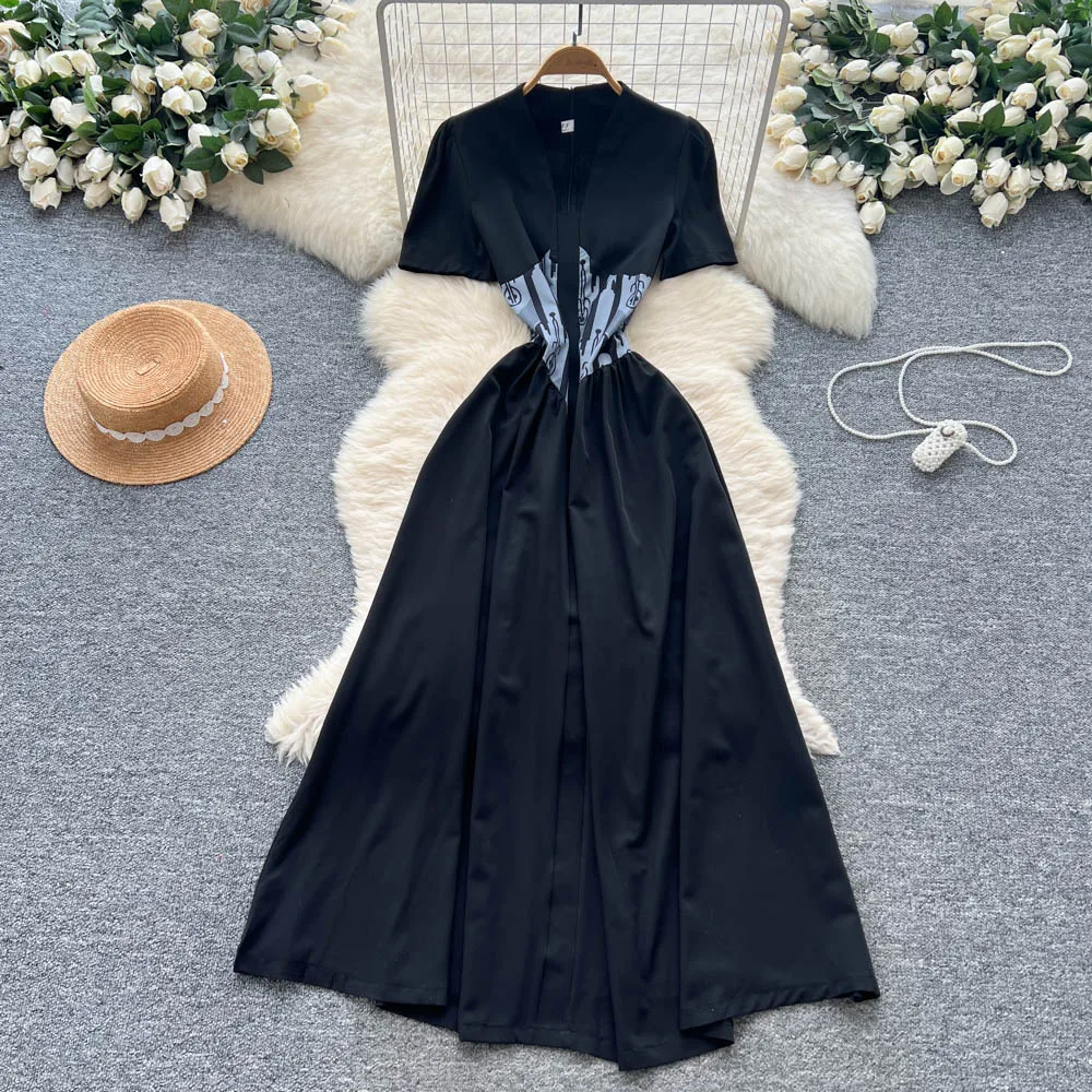 Chic vintage scollo a V stampa manica corta slim Elegante fata moda coreana Boho Sundress abbigliamento donna Abito lungo
