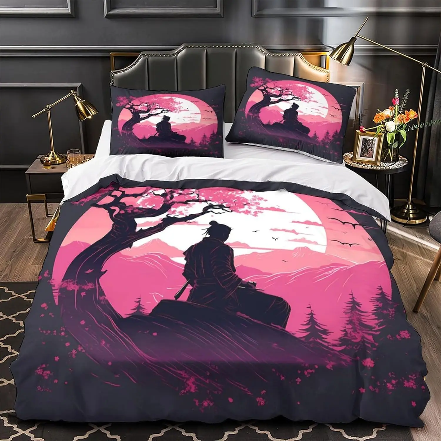 Samurai Sunset Bedding Set 140x200cm With 2 Pillowcases 3D Print Graphic Modern Anime Room Decor Quilt Cover