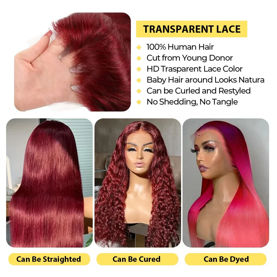 13x6 HD Transparent Body Wave 99j burgundy Lace Frontal Human Hair Wig 30 40 Inch 13x4 Lace Front Wig PrePlucked For Women