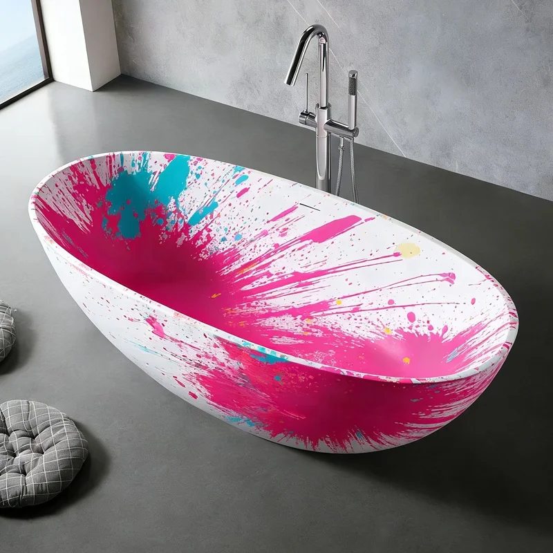 &c Pink Resin Stone Bathtub Free Standing Bath Tub Solid Surface Acrylic Stone Bath Tub