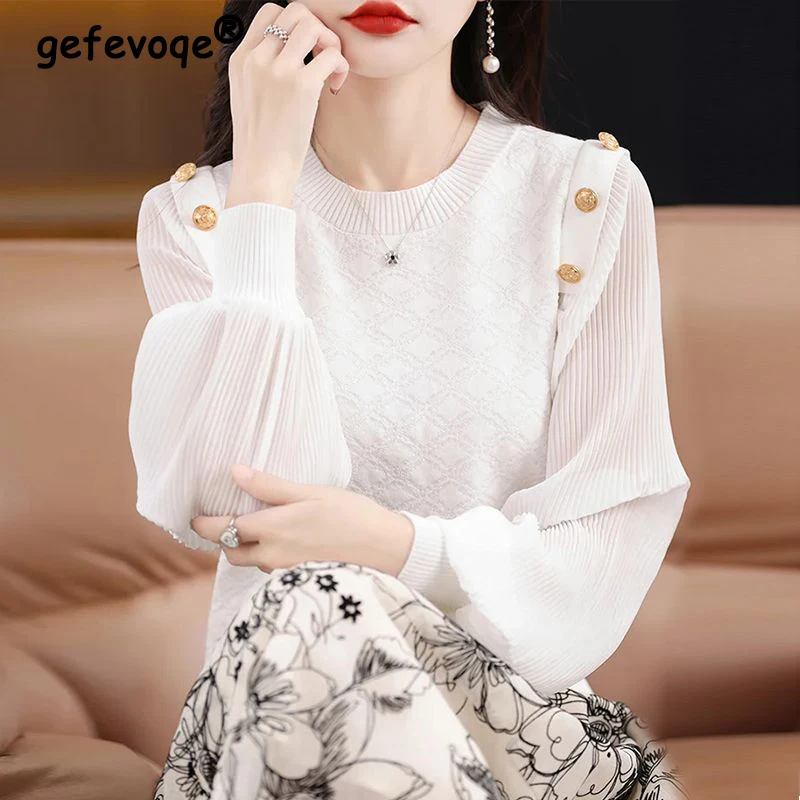 Women Pleated Buttons Black White Elegant Knitwears Spring Autumn Fashion Solid Long Sleeve Loose Blouses Casual Chic Sweet Tops