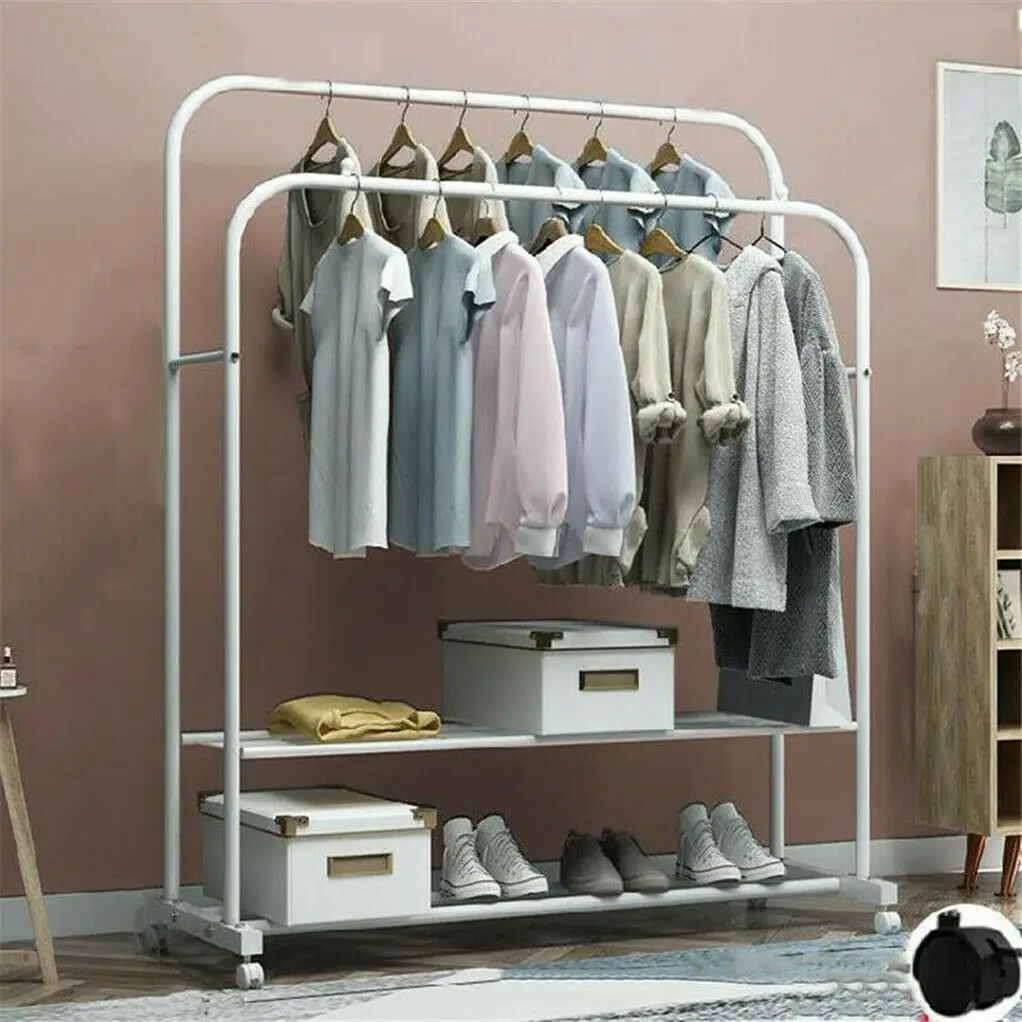 Heavy Metal Double Clothes Rail Hanging Rack, Garment Display Stand, Storage Shelf, Rolling Closet Organizer