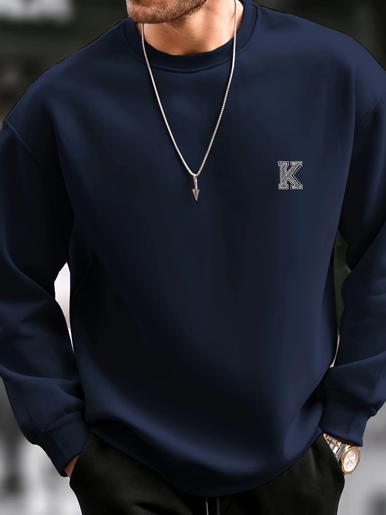 Men's Long-Sleeved round Neck Sweatshirt Casual Loose Fit Autumn Winter Fashionable Graphic Print Letter K Design