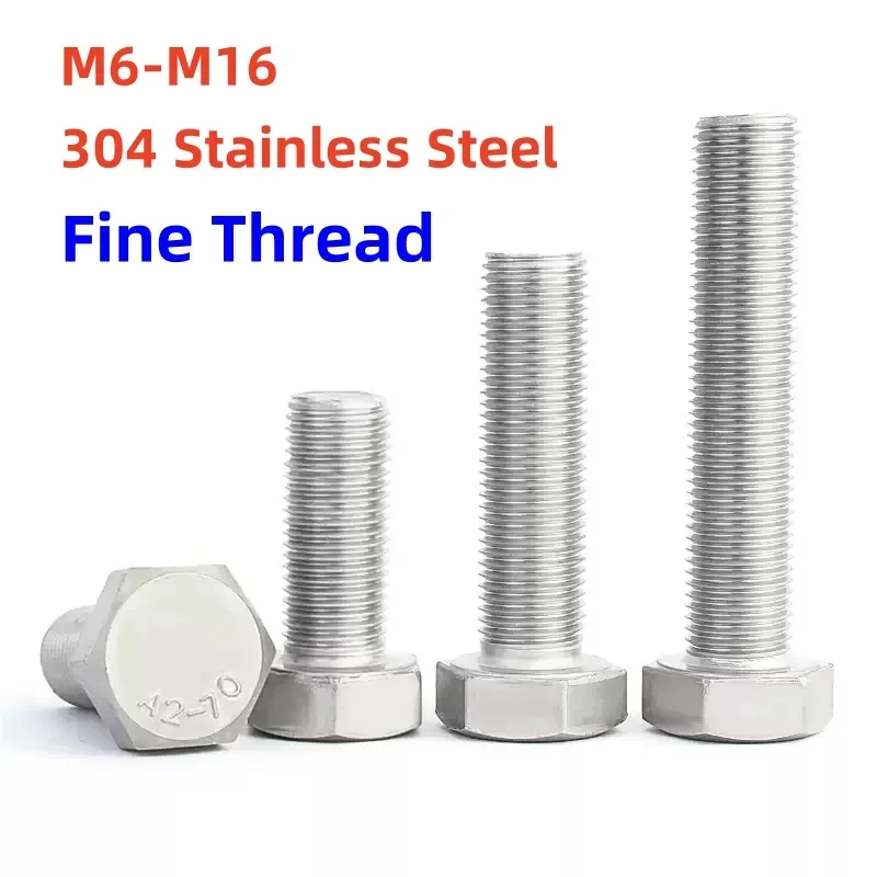 M6-M16 304 Stainless Steel Fine Thread Outside Hex Head Bolt External Hexagon Head Screw Pitch 0.75/1.0/1.25/1.5mm