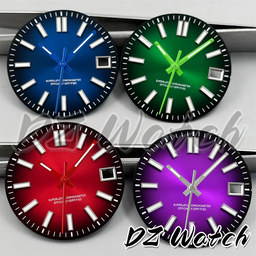DZ 29mm Gradient Sunburst Dial With Hands Green Luminous 3 O'clock Silver Scale Mark Suitable For NH35 NH36 Movement