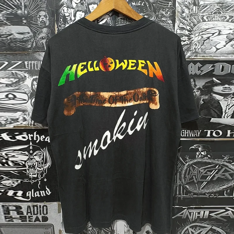 Helloween Band Short Sleeve T-Shirt round Neck Cotton Heavyweight American Style Rapcore Men's Summer Casual Fun Print Tee