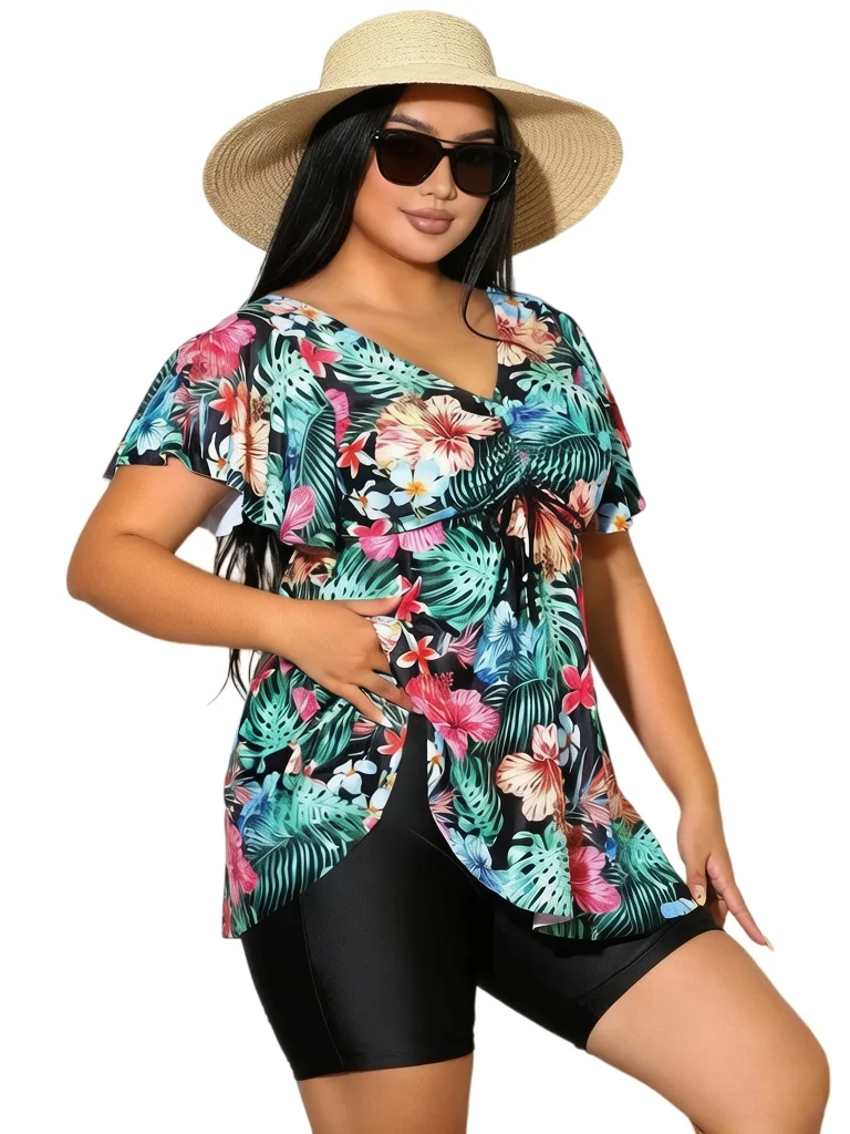 

Plus Size Tropical Floral Tankini Swimsuit Female High Waist Swimsuit V-Neck Large Bathing Suit
