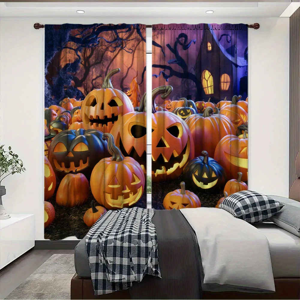 Spooky Halloween Pumpkin Curtains Jack O Lantern Window Drapes Fall Autumn Haunted House Theme Seasonal Party Decor