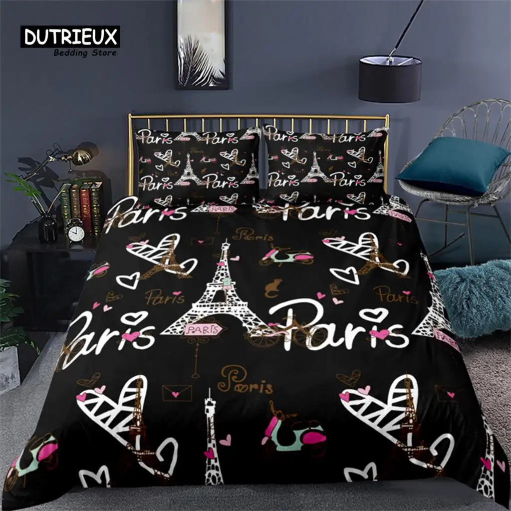 2/3PCS Soft Paris Eiffel Tower Duvet Cover Set Love Heart 3D Print King Queen Bedding Set Microfiber Quilt Cover Home Textile