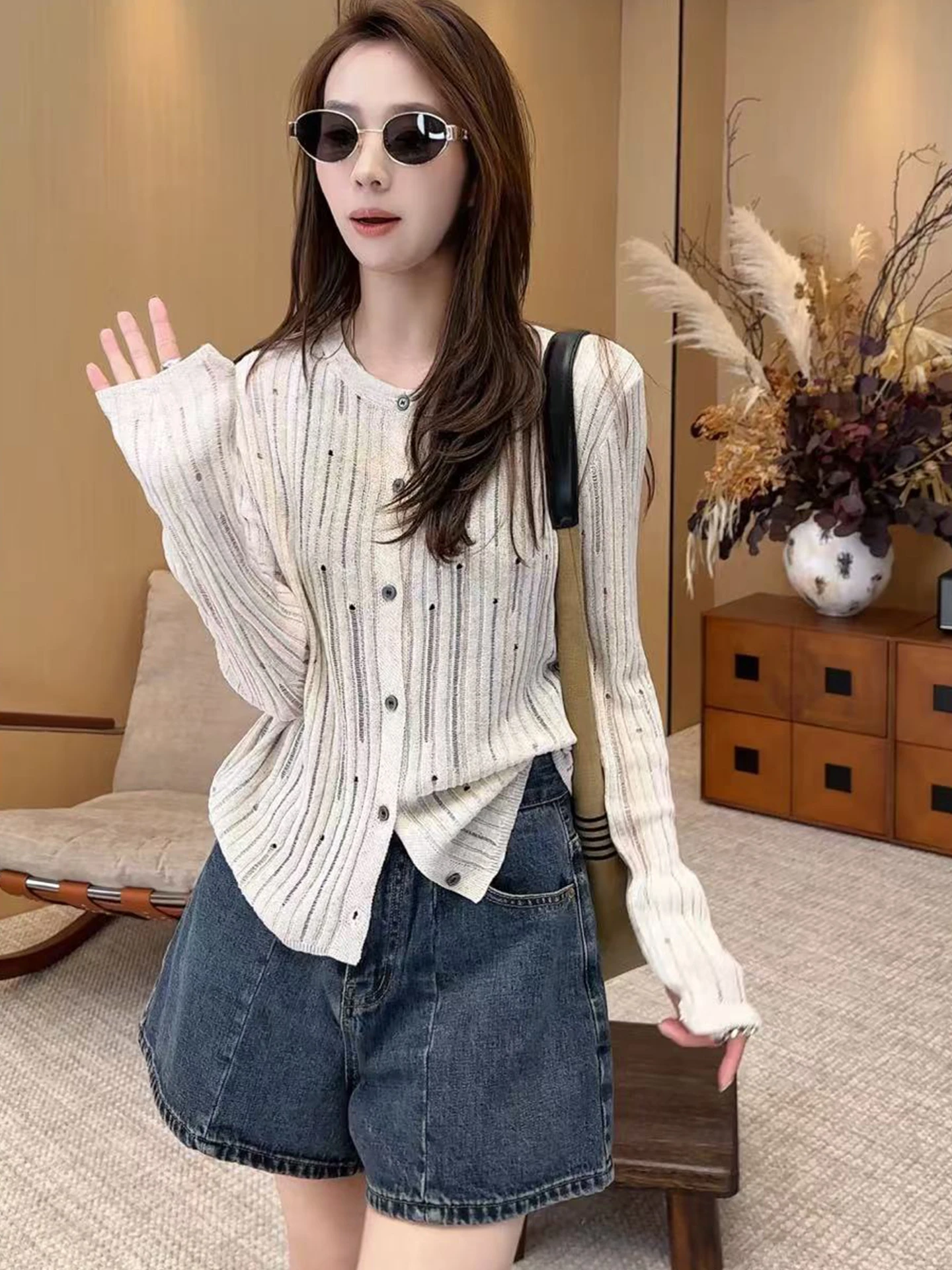 Faionable طويل Sve زر واحد تصميم بسيط صيف 2025 ملابس الحماية من الشمس الكورية Sle تنوعا محبوك #3