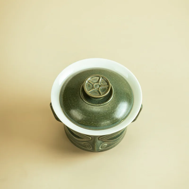 155ml Sanxingdui Mask Ceramic Gaiwan Retro Tea Tureen Tea Bowl With Lid Kit Tea Making Cover Bowl Cha Accessories Ornaments
