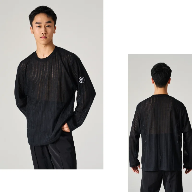 2025 nuevas camisetas de baile latino para hombres camisa negra holgada de manga larga con cuello redondo Samba Chacha ropa de baile latino para adultos DQS21376