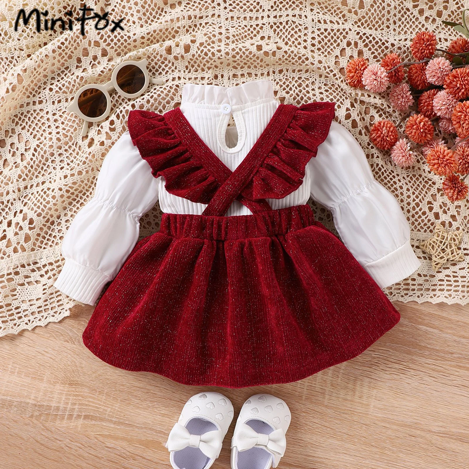 MiniFox completi per neonate set t-shirt bianche con maniche in pizzo di compleanno rosso e gonne di velluto a coste con fiocco vestiti per bambine