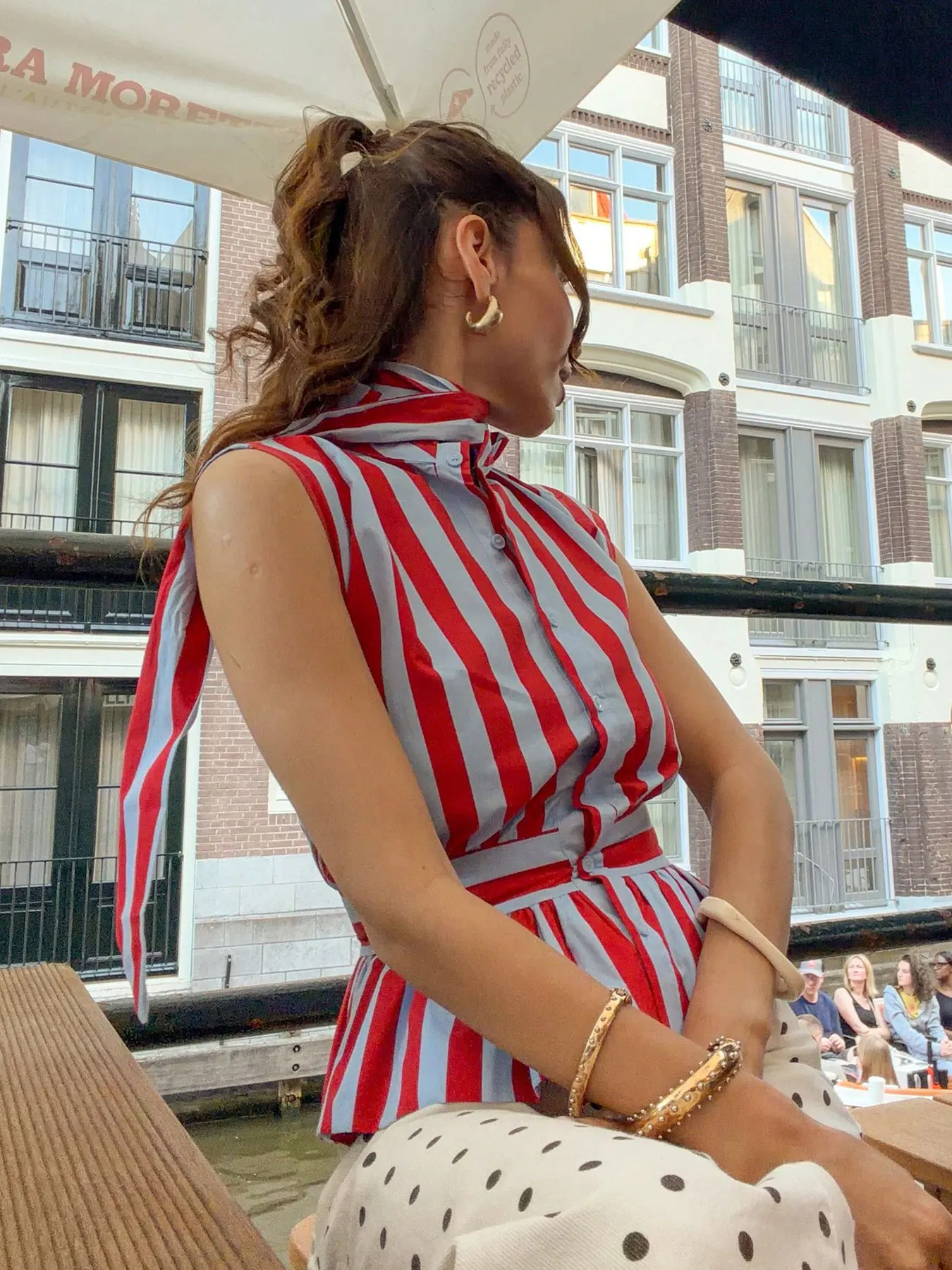 HH Women Elegant Fashion Red Blue Stripe Blouse Bow Tie Neck Single Breasted Sleeveless Shirt Casual Women High Street Chic Tops view 6