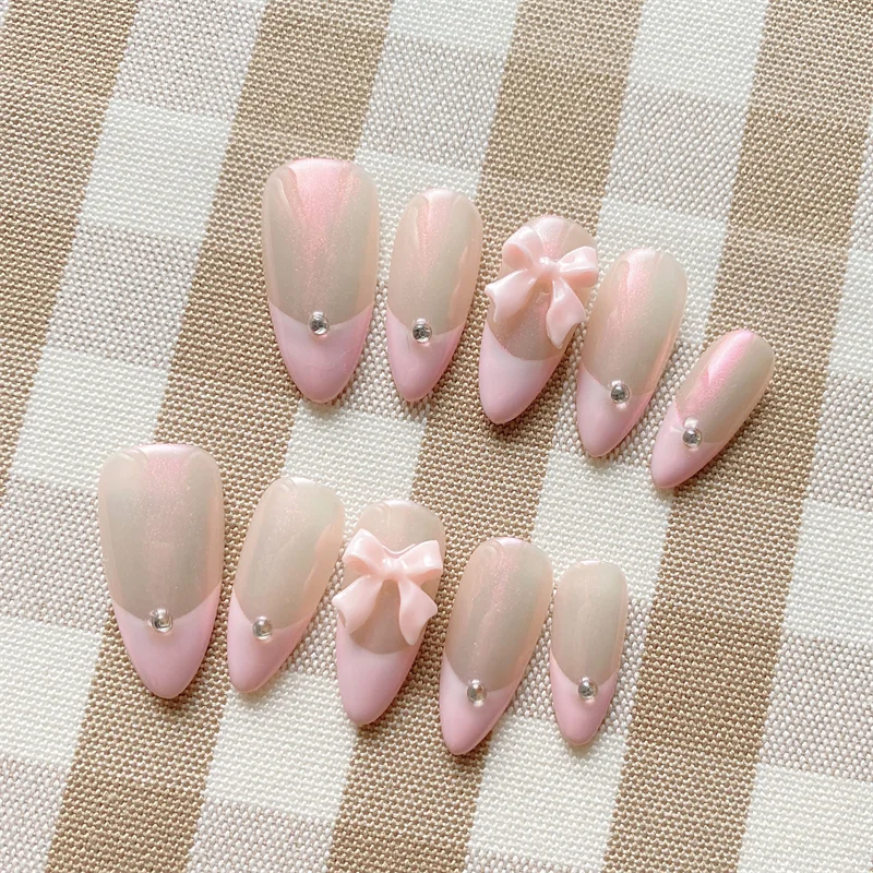 10PCS Pink Handmade Press on Nails French Almond Fake Nails Reusable Adhesive False Nails Aurora Bowknot Design Tips Wedding