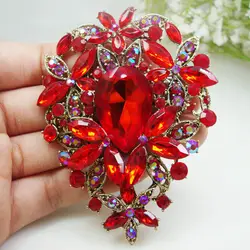 Luxury Design Style Art Nouveau Red Flower Woman Brooch Pin Crystal Rhinestone Women Clothes Scarf Buckle Fashion Jewelry Gifts