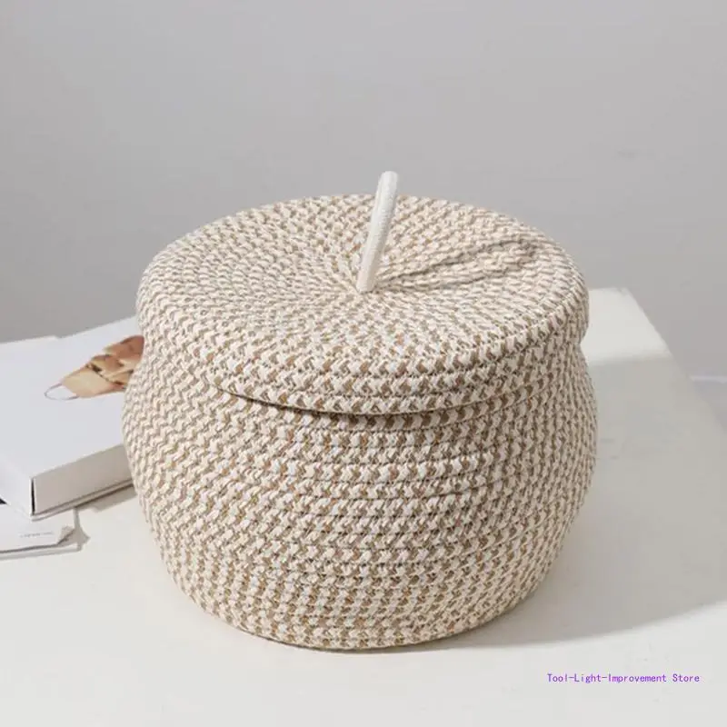 C63E Rope Storage Basket Little Baskets Woven Lid Wicker Key Cotton Small Organizing