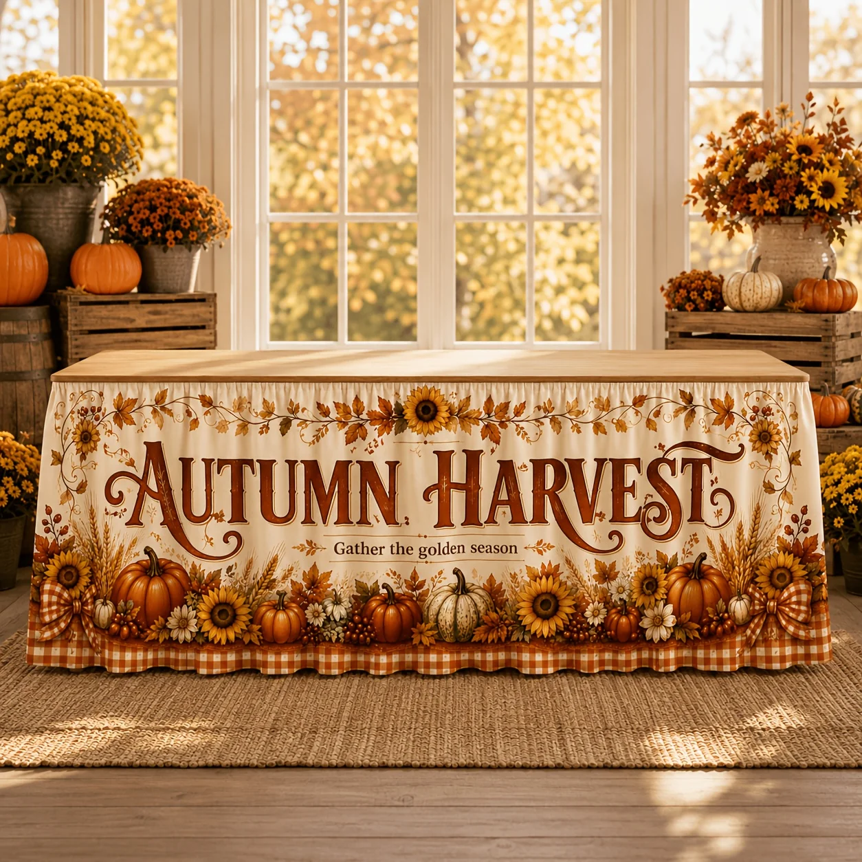Party table skirt 1 piece. Autumn harvest retro table skirt, nostalgic sunflower, pumpkin and wheat stalk check pattern.