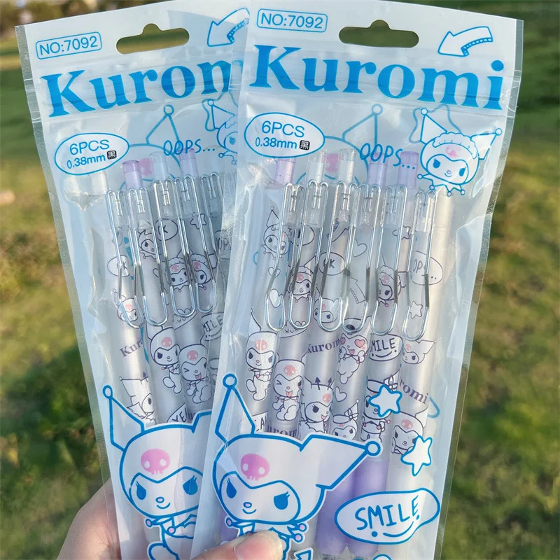 6PCS Set Creative Sanrio Roller Ball Pen Cartoon Anime Stationery Kuromi My Melody Cinnamoroll 0.38Mm Black Student Use