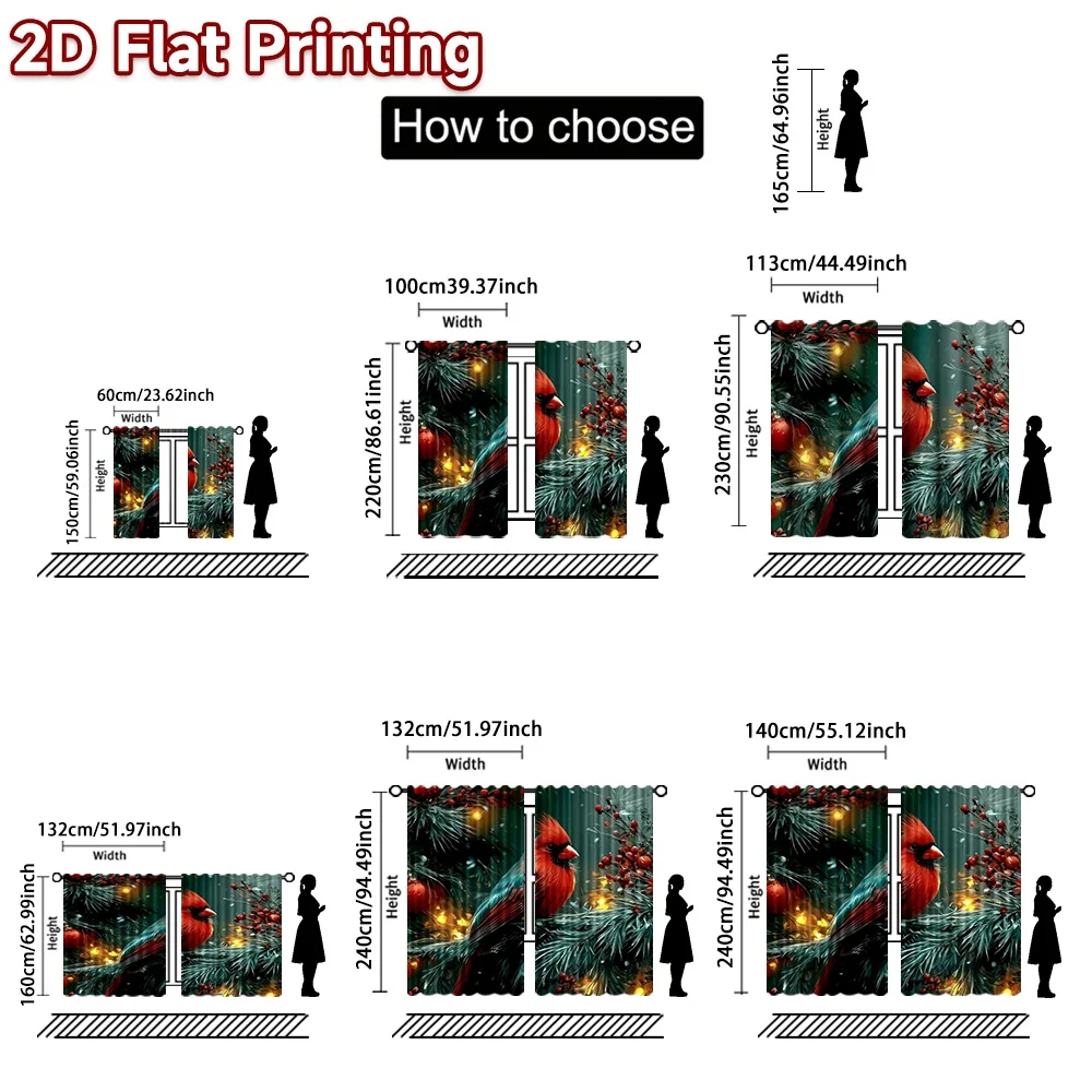 2D flat printing 2pcs Merry Christmas Curtains Christmas Cardinal on Branch Digitally printed polyester curtains Festive Wall