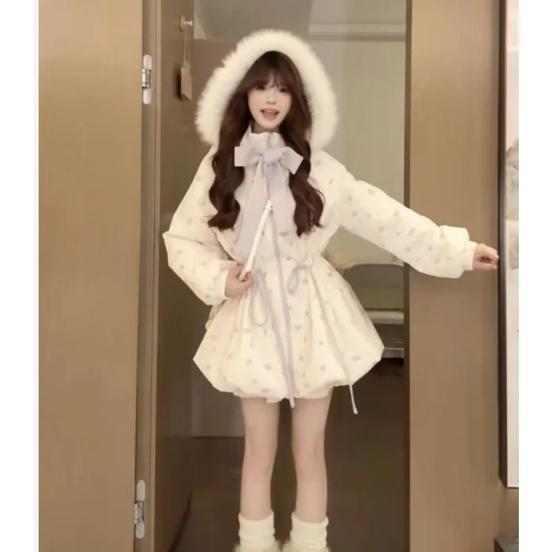 New Outer Wear Temperament Commuting Small Coat Winter Cute Wind Sweet Bow Drawstring Floral Cotton Coat Age-reducing Hooded