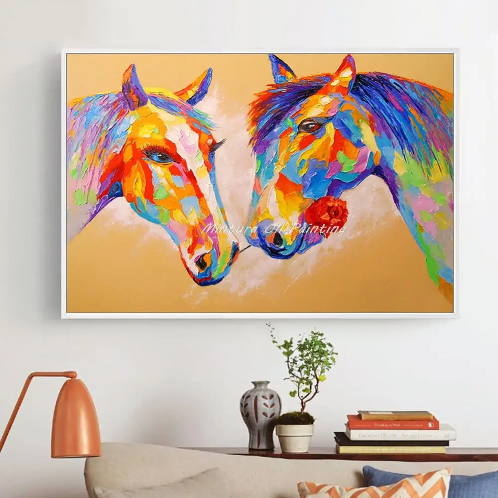 Mintura,Hand-Painted Handmade Oil Paintings on Canvas,Two Horses In Love Wall Art for Living Room Hotel Decor Home Decor Artwork