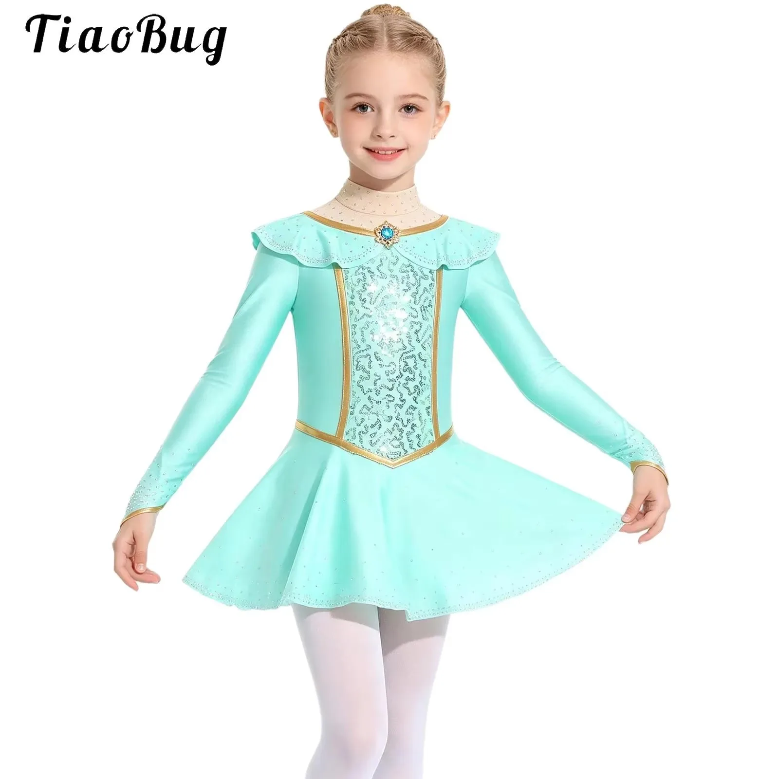 Kids Girls Arabian Princess Costume Long Sleeve Rhinestones Sequins Gem Leotard Dress for Halloween Character Princess Dress Up