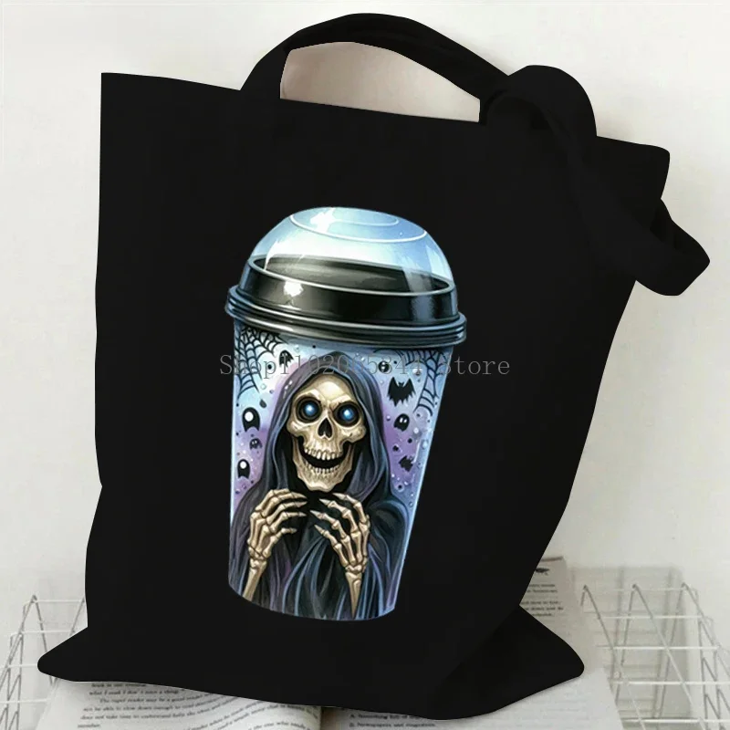 Halloween Tote Bag Pumpkin Skull Bat Bobo Tea Print Women Men Shoulder Bag Gothic Style Festival Teen Gift Women Fashion Handbag