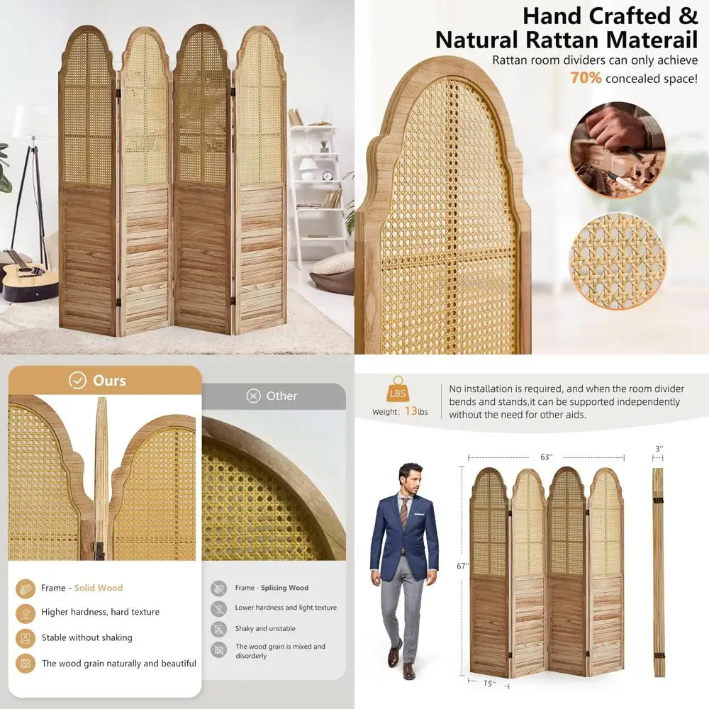 مقسم غرفة الروطان بطول 6 أقدام مع إطار من الخشب الصلب: شاشة خصوصية محمولة قابلة للطي للتقسيم المثالي #1