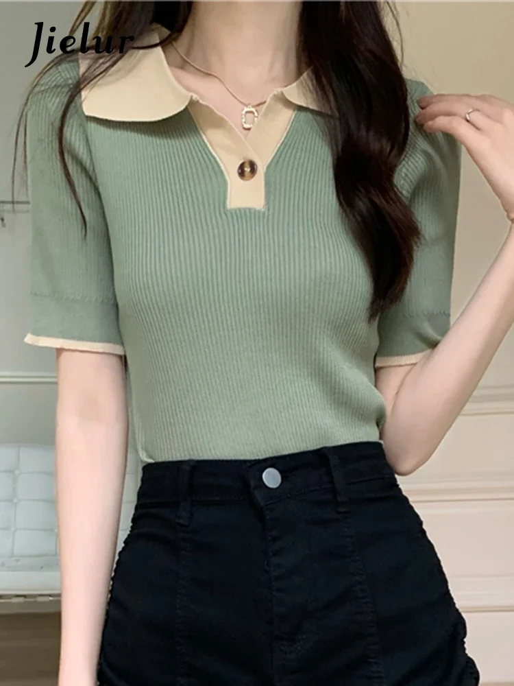 

Jielur Polo Neck Spell Color Chic Women Blouses Summer Vintage Slim Knitting Fashion Female Streetwear Short Sleeve Office Lady