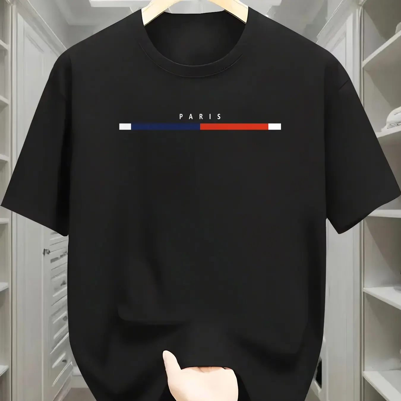 تي شيرت صيفي للرجال بطبعة جرافيك باريس - تي شيرت كاجوال بأكمام قصيرة ورقبة دائرية مع خطوط زرقاء وحمراء
