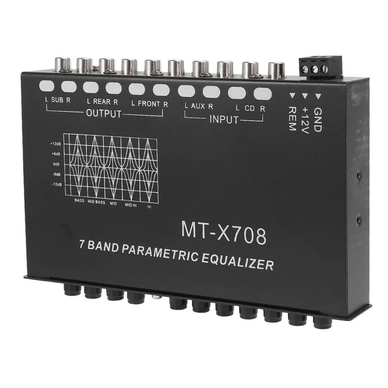 معادل صوت New-3X مكون من 7 نطاقات، معادل رسومات مضخم صوت للسيارة مكون من 7 نطاقات قابل للتعديل مع مفتاح اختيار إدخال CD/AUX، أسود